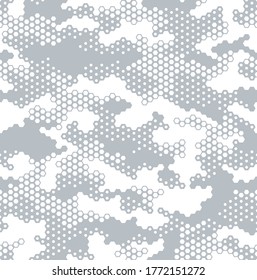 Seamless camouflage pattern. Repeating digital dotted hexagonal camo military texture background. Abstract modern fabric textile ornament. Vector illustration.