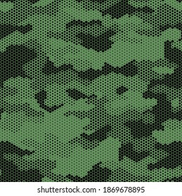 Patrón de camuflaje sin foco. Fondo de textura militar de camo hexagonal con puntos digitales repetitivos. Resumen de adorno textil de tela moderna. Ilustración vectorial.