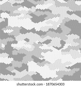 Seamless camouflage pattern. Repeating digital dotted hexagonal camo military texture background. Abstract modern fabric textile ornament. Vector illustration.