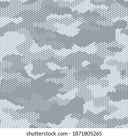 Seamless camouflage pattern. Repeating digital dotted hexagonal camo military texture background. Abstract modern fabric textile ornament. Vector illustration.