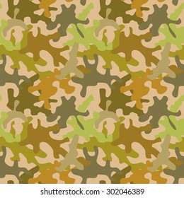 Seamless camouflage pattern. Rich shadow palette. Military textile collection. Abstract vector background. Green, brown, khaki, grey on beige. Backgrounds & textures shop.
