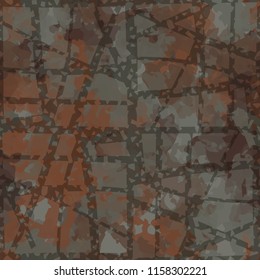 Seamless camouflage pattern of rusty hues. The picture is covered with thick perforated lines intersecting at different angles.