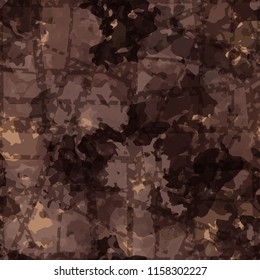 Seamless camouflage pattern of rusty hues. The picture is covered with thick perforated lines intersecting at different angles.