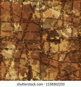 Seamless camouflage pattern of rusty hues. The picture is covered with thick perforated lines intersecting at different angles.