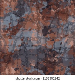 Seamless camouflage pattern of rusty hues. The picture is covered with thick perforated lines intersecting at different angles.