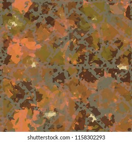 Seamless camouflage pattern of rusty hues. The painting is covered with a ramshackle network consisting of triangular and quadrangular cells.
