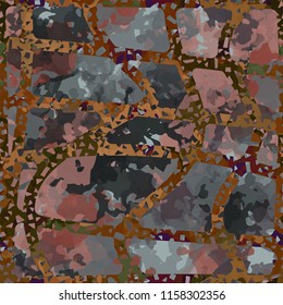 Seamless camouflage pattern of rusty hues. The painting is covered with a ramshackle net consisting of dancing lines.