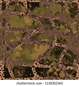 Seamless camouflage pattern of rusty hues. The painting is covered with a ramshackle net consisting of dancing lines.