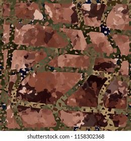 Seamless camouflage pattern of rusty hues. The painting is covered with a ramshackle net consisting of dancing lines.