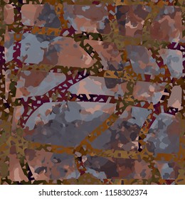 Seamless camouflage pattern of rusty hues. The painting is covered with a ramshackle net consisting of dancing lines.
