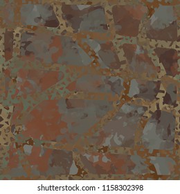 Seamless camouflage pattern of rusty hues. The painting is covered with a ramshackle net consisting of dancing lines.