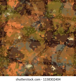 Seamless camouflage pattern of rusty hues. The painting is covered with a ramshackle net consisting of dancing lines.