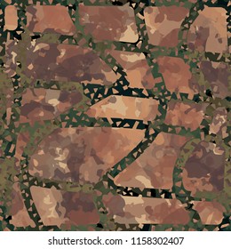 Seamless camouflage pattern of rusty hues. The painting is covered with a ramshackle net consisting of dancing lines.