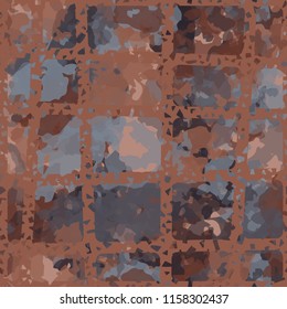 Seamless camouflage pattern of rusty hues. The painting is covered with a ramshackle network consisting of rectangular cells.