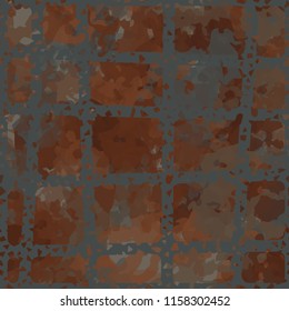 Seamless camouflage pattern of rusty hues. The painting is covered with a ramshackle network consisting of rectangular cells.