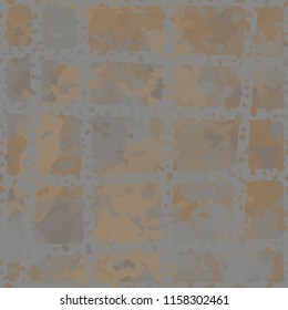 Seamless camouflage pattern of rusty hues. The painting is covered with a ramshackle network consisting of rectangular cells.