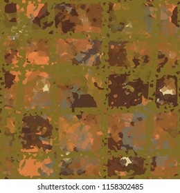 Seamless camouflage pattern of rusty hues. The painting is covered with a ramshackle network consisting of rectangular cells.