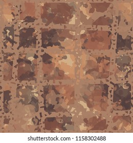Seamless camouflage pattern of rusty hues. The painting is covered with a ramshackle network consisting of rectangular cells.