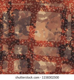 Seamless camouflage pattern of rusty hues. The picture is covered with a network of thick perforated lines.