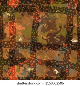 Seamless camouflage pattern of rusty hues. The picture is covered with a network of thick perforated lines.