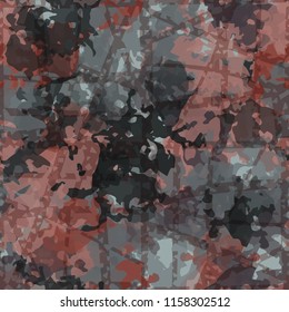 Seamless camouflage pattern of rusty hues. The picture is covered with thick perforated lines intersecting at different angles.