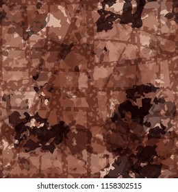 Seamless camouflage pattern of rusty hues. The picture is covered with thick perforated lines intersecting at different angles.