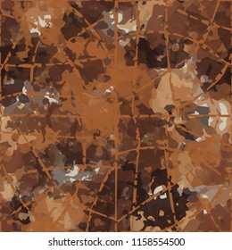 Seamless camouflage pattern of rusty hues.The picture is covered with a network of torn thin lines.