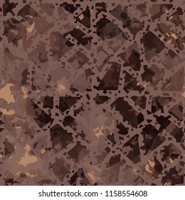 Seamless camouflage pattern of rusty hues. The painting is covered with a ramshackle network consisting of triangular and quadrangular cells.