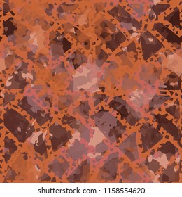 Seamless camouflage pattern of rusty hues. The painting is covered with a ramshackle network consisting of triangular and quadrangular cells.