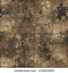 Seamless camouflage pattern of rusty hues. The picture is covered with thick perforated lines intersecting at different angles.