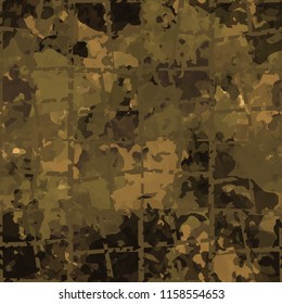 Seamless camouflage pattern of rusty hues. The painting is covered with a ramshackle network consisting of quadrangular cells.