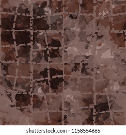Seamless camouflage pattern of rusty hues. The painting is covered with a ramshackle network consisting of quadrangular cells.