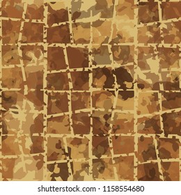 Seamless camouflage pattern of rusty hues. The painting is covered with a ramshackle network consisting of quadrangular cells.