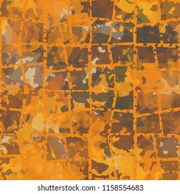 Seamless camouflage pattern of rusty hues. The painting is covered with a ramshackle network consisting of quadrangular cells.