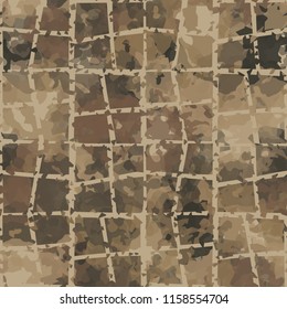 Seamless camouflage pattern of rusty hues. The painting is covered with a ramshackle network consisting of quadrangular cells.