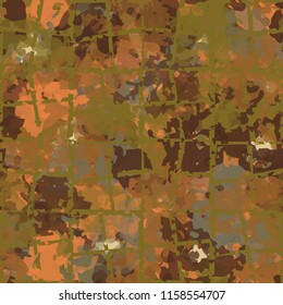 Seamless camouflage pattern of rusty hues. The painting is covered with a ramshackle network consisting of quadrangular cells.