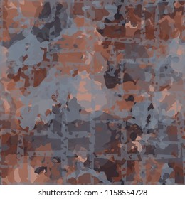 Seamless camouflage pattern of rusty hues. The pattern is covered by a network of lines of uneven thickness intersecting at right angles.