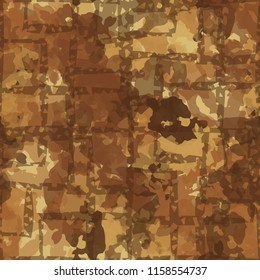 Seamless camouflage pattern of rusty hues. The pattern is covered by a network of lines of uneven thickness intersecting at right angles.