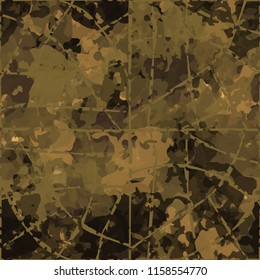 Seamless camouflage pattern of rusty hues.The picture is covered with a network of torn thin lines.