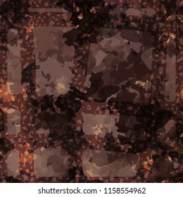 Seamless camouflage pattern of rusty hues. The picture is covered with a network of thick perforated lines.