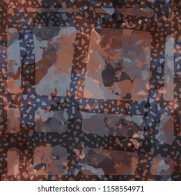 Seamless camouflage pattern of rusty hues. The picture is covered with a network of thick perforated lines.
