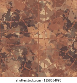 Seamless camouflage pattern of rusty hues.The picture is covered with a network of torn thin lines.
