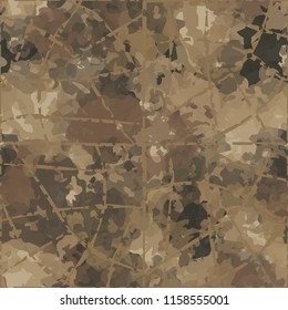 Seamless camouflage pattern of rusty hues.The picture is covered with a network of torn thin lines.