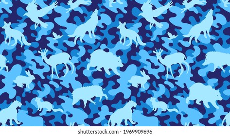 Seamless camouflage pattern with silhouettes of wild animals. Ornamental blue background, camo style texture. Vector illustration.