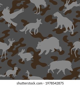 Seamless camouflage pattern with silhouettes of wild animals. Camo style endless texture for hunter and military clothes. Vector hand drawn illustration.