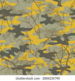 Seamless camouflage pattern with tree branches. Army pattern. Hunting uniform. Vector illustration.