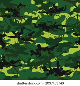 Seamless camouflage pattern with tree branches. Hunting and fishing. Active recreation.