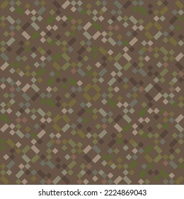 Seamless camouflage pattern. Vector camo texture. Abstract military background with green, khaki, brown squares. Forest pixel background. Repeat design for fabric, textile, hunting, soldier uniform