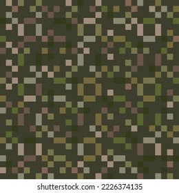 Seamless camouflage pattern. Vector camo texture. Abstract military background. Green, khaki, brown color. Jungle forest pixel background. Repeat design for fabric, textile, hunting, soldier uniform