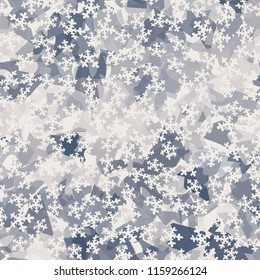 Seamless camouflage pattern of winter landscape colors. Chaotically located snowflakes are put on the picture.